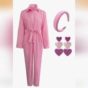 Pink Tie-Waist Jumpsuit with Pink Accessories